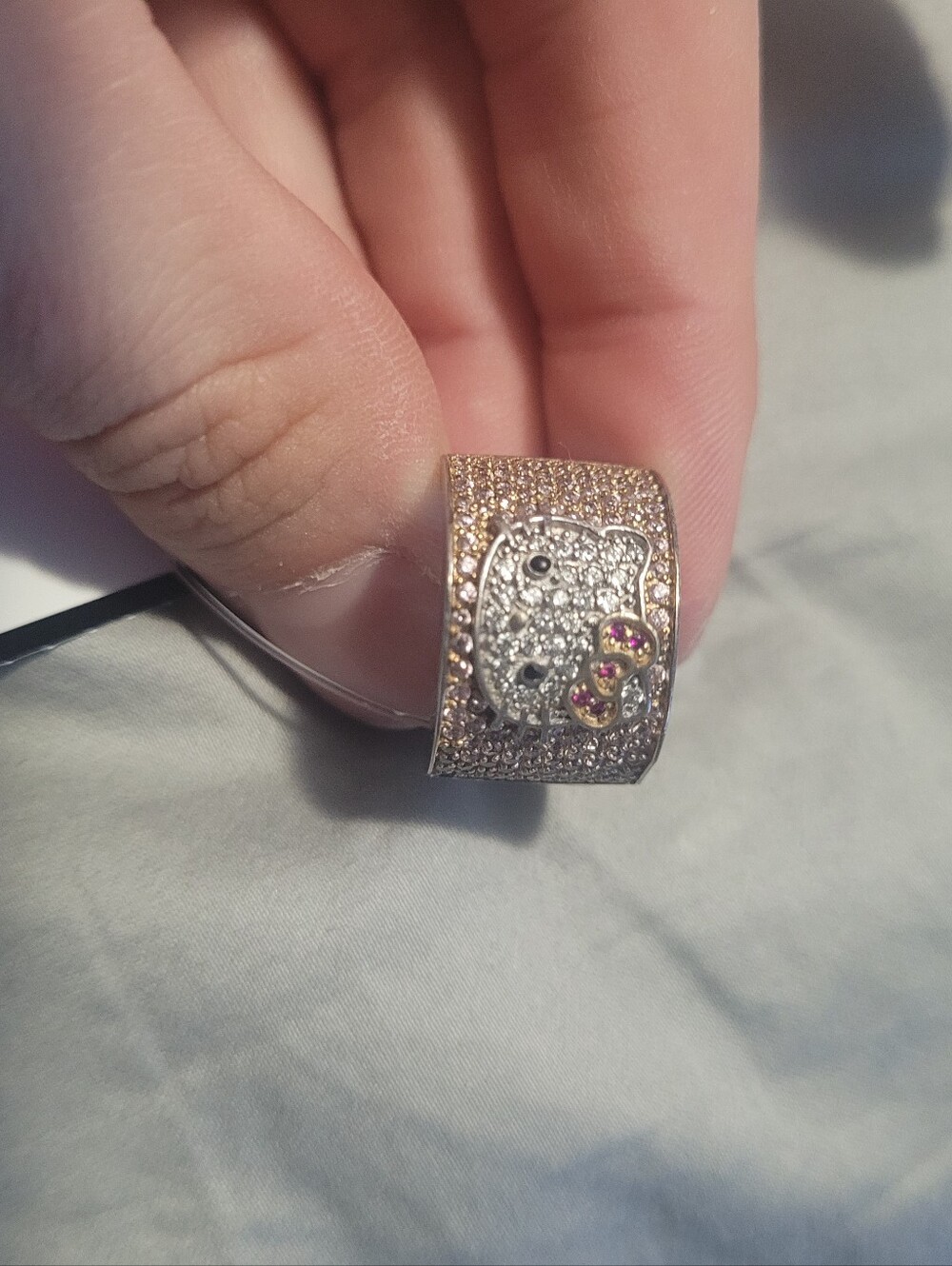 Crystal Pave Hello Kitty Style Wide Band Ring - Rose Gold Over Sterling Silver